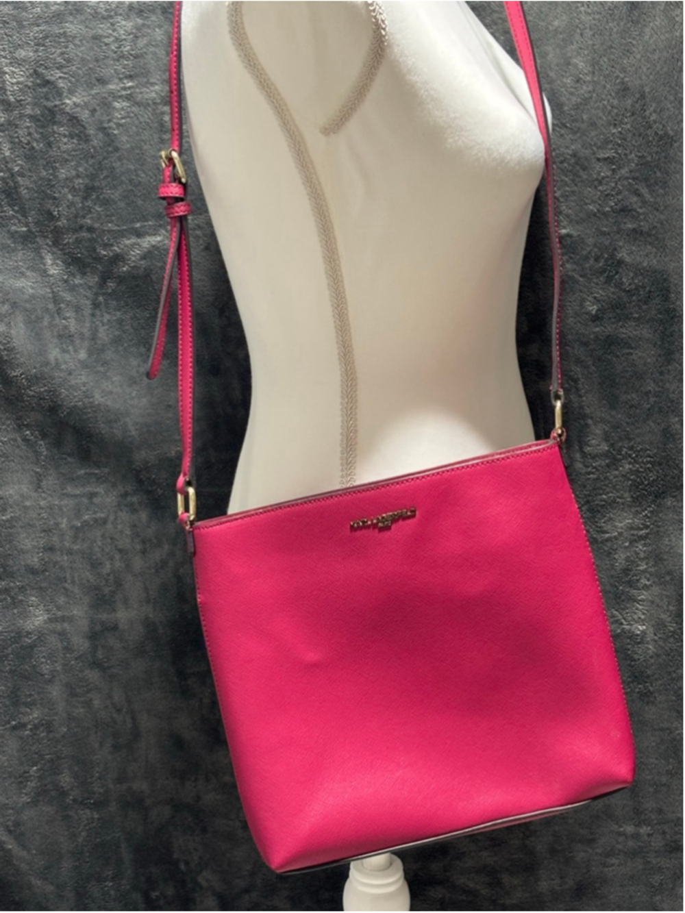 Karl Lagerfeld Fuschia Large Vibrant Barbiecore Zip Top Crossbody Handbag GUC